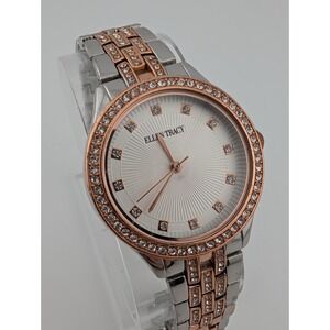 Ellen Tracy Watch Women 34mm Case‎ Rose Gold & Silver 7.5" Band- New Battery